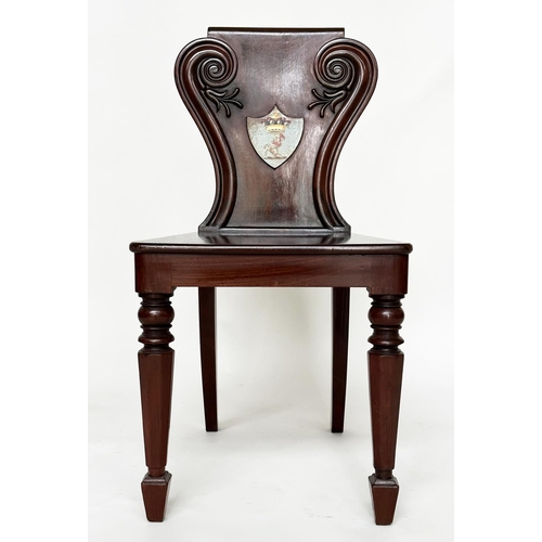 135 - HALL CHAIRS, a pair, 19th century mahogany with scroll and shield backs, coat of arms and facetted f... 