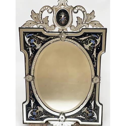 139 - VENETIAN WALL MIRROR, early 20th century etched blue and clear glass with oval centre and shield wit... 