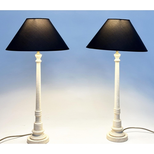 142 - PORTA ROMANA COLUMN LAMPS, a pair, turned graduated grey painted with shades by Porta Romana, 70cm H... 