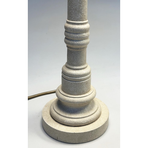 142 - PORTA ROMANA COLUMN LAMPS, a pair, turned graduated grey painted with shades by Porta Romana, 70cm H... 