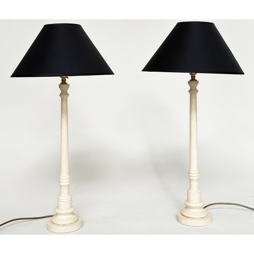 142 - PORTA ROMANA COLUMN LAMPS, a pair, turned graduated grey painted with shades by Porta Romana, 70cm H... 