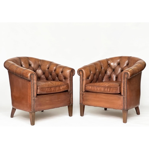 143 - TUB ARMCHAIRS, a pair, deep buttoned mid brown studded hide leather with curved back and scroll arms... 