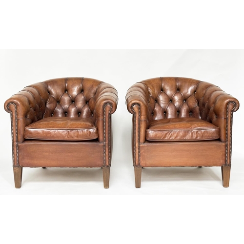 143 - TUB ARMCHAIRS, a pair, deep buttoned mid brown studded hide leather with curved back and scroll arms... 