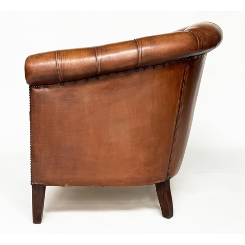 143 - TUB ARMCHAIRS, a pair, deep buttoned mid brown studded hide leather with curved back and scroll arms... 