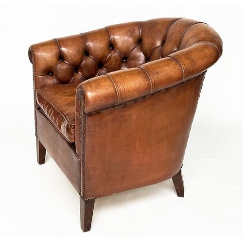 143 - TUB ARMCHAIRS, a pair, deep buttoned mid brown studded hide leather with curved back and scroll arms... 