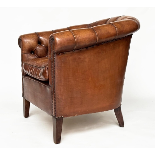 143 - TUB ARMCHAIRS, a pair, deep buttoned mid brown studded hide leather with curved back and scroll arms... 