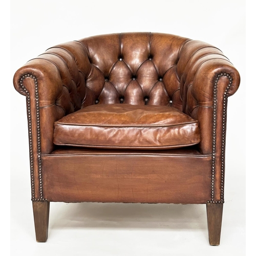 143 - TUB ARMCHAIRS, a pair, deep buttoned mid brown studded hide leather with curved back and scroll arms... 