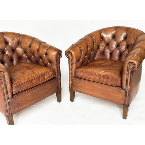 143 - TUB ARMCHAIRS, a pair, deep buttoned mid brown studded hide leather with curved back and scroll arms... 