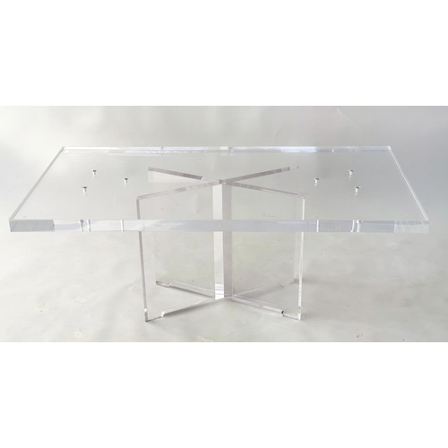 144 - LUCITE LOW TABLE, rectangular on x form conforming base, 120cm x 60cm x 48cm H.