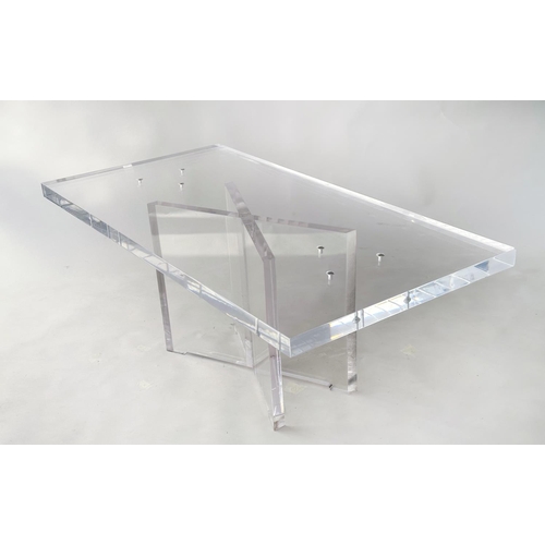 144 - LUCITE LOW TABLE, rectangular on x form conforming base, 120cm x 60cm x 48cm H.