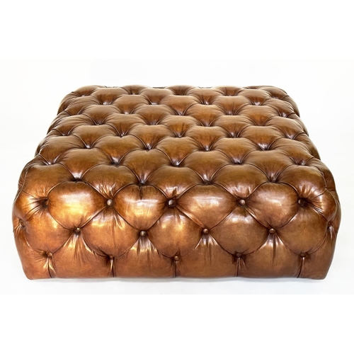 145 - CENTRE STOOL, mid brown deep buttoned leather upholstered of square form, 100cm x 1004cm x 40cm H.