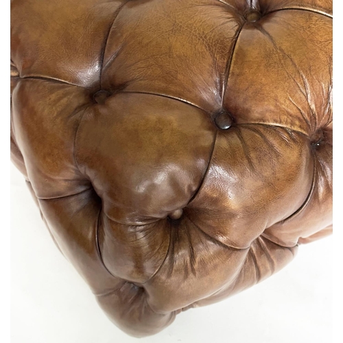 145 - CENTRE STOOL, mid brown deep buttoned leather upholstered of square form, 100cm x 1004cm x 40cm H.