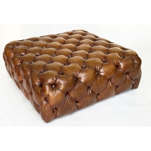 145 - CENTRE STOOL, mid brown deep buttoned leather upholstered of square form, 100cm x 1004cm x 40cm H.