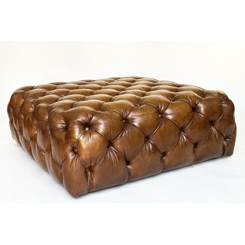 145 - CENTRE STOOL, mid brown deep buttoned leather upholstered of square form, 100cm x 1004cm x 40cm H.