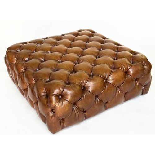 145 - CENTRE STOOL, mid brown deep buttoned leather upholstered of square form, 100cm x 1004cm x 40cm H.