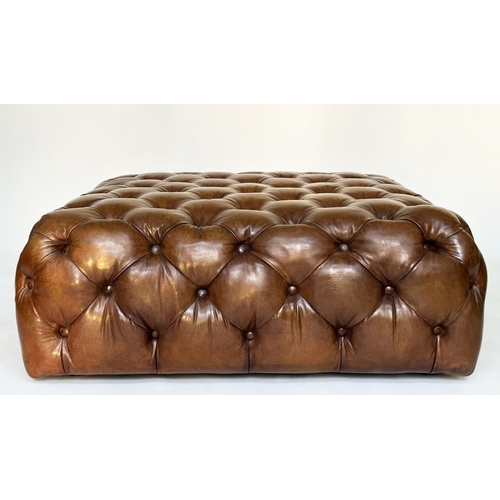 145 - CENTRE STOOL, mid brown deep buttoned leather upholstered of square form, 100cm x 1004cm x 40cm H.