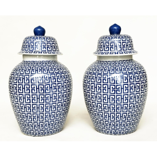 146 - TEMPLE JARS, a pair, Chinese blue and white ceramic of ginger jar form with lids, 54cm H. (2)