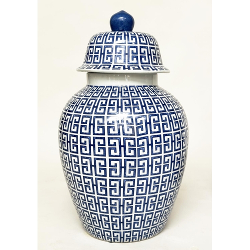 146 - TEMPLE JARS, a pair, Chinese blue and white ceramic of ginger jar form with lids, 54cm H. (2)