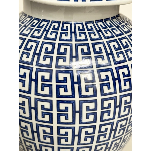 146 - TEMPLE JARS, a pair, Chinese blue and white ceramic of ginger jar form with lids, 54cm H. (2)