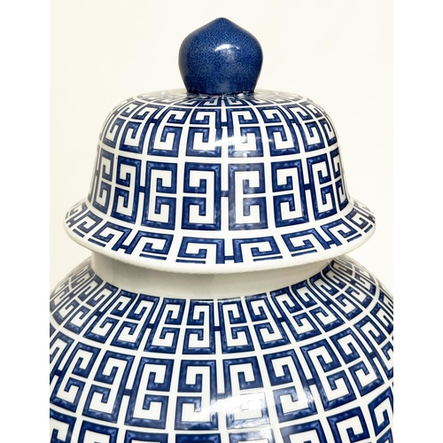 146 - TEMPLE JARS, a pair, Chinese blue and white ceramic of ginger jar form with lids, 54cm H. (2)