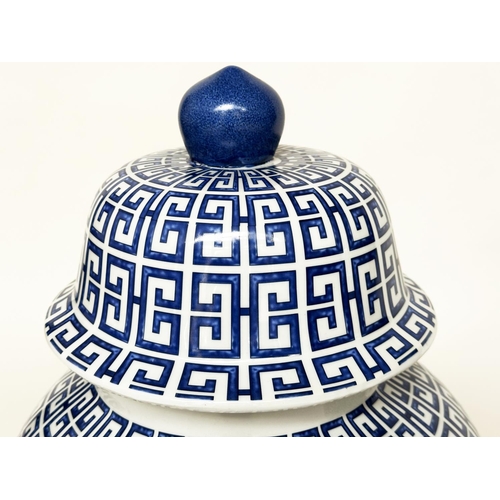 146 - TEMPLE JARS, a pair, Chinese blue and white ceramic of ginger jar form with lids, 54cm H. (2)