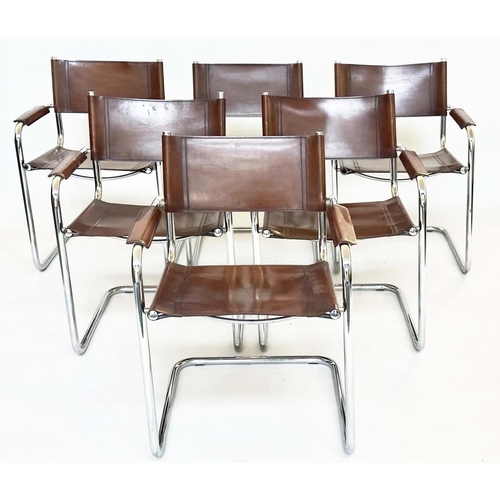 147 - DINING ARMCHAIRS, a set of six, chrome cantilevered with stitched mid brown natural hide leather. (6... 