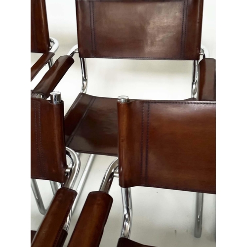 147 - DINING ARMCHAIRS, a set of six, chrome cantilevered with stitched mid brown natural hide leather. (6... 