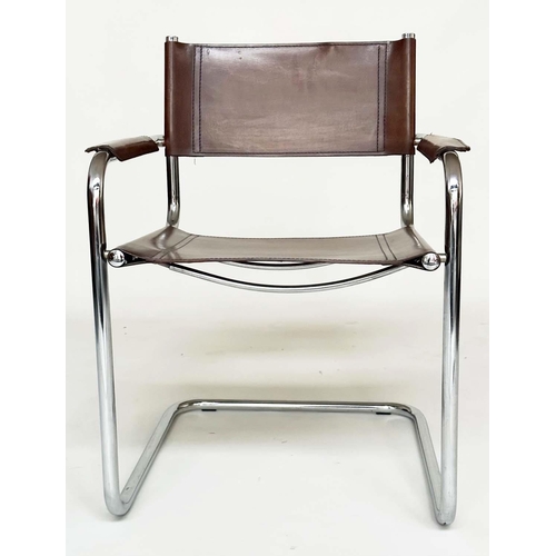 147 - DINING ARMCHAIRS, a set of six, chrome cantilevered with stitched mid brown natural hide leather. (6... 