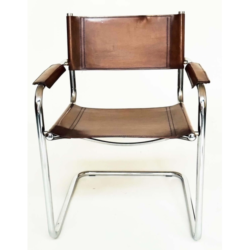 147 - DINING ARMCHAIRS, a set of six, chrome cantilevered with stitched mid brown natural hide leather. (6... 