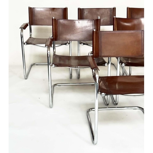 147 - DINING ARMCHAIRS, a set of six, chrome cantilevered with stitched mid brown natural hide leather. (6... 