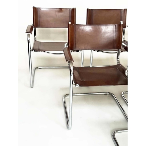 147 - DINING ARMCHAIRS, a set of six, chrome cantilevered with stitched mid brown natural hide leather. (6... 