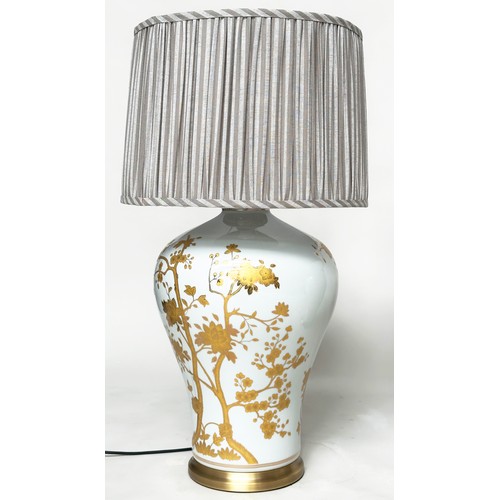 123 - TABLE LAMPS, a pair, Chinese ceramic vase form, white with fine gilded trailing shrub decoration (wi... 