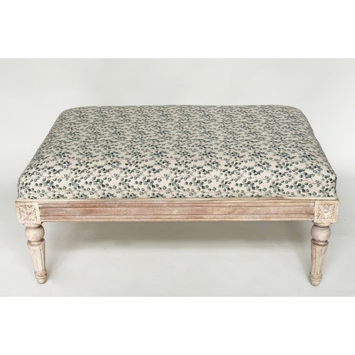 128 - HEARTH STOOL, vintage French Louis XVI style rectangular with Eucalyptus print upholstery and fluted... 