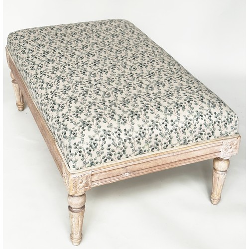 128 - HEARTH STOOL, vintage French Louis XVI style rectangular with Eucalyptus print upholstery and fluted... 