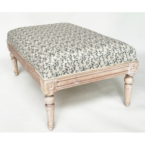 128 - HEARTH STOOL, vintage French Louis XVI style rectangular with Eucalyptus print upholstery and fluted... 