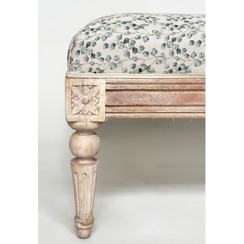 128 - HEARTH STOOL, vintage French Louis XVI style rectangular with Eucalyptus print upholstery and fluted... 