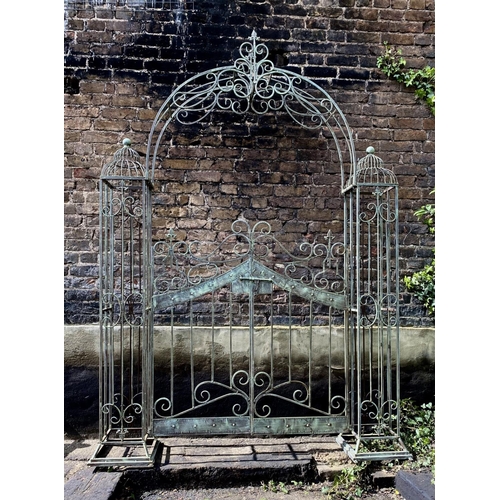 487 - ARCHITECTURAL GARDEN GATE, Regency style, faux verdigris finished metal, 250cm x 85cm x 38cm.