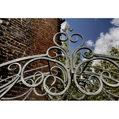 487 - ARCHITECTURAL GARDEN GATE, Regency style, faux verdigris finished metal, 250cm x 85cm x 38cm.