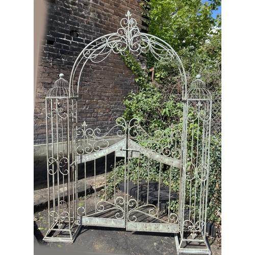 487 - ARCHITECTURAL GARDEN GATE, Regency style, faux verdigris finished metal, 250cm x 85cm x 38cm.