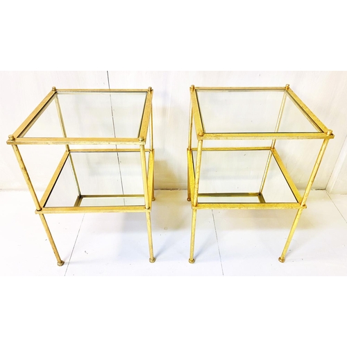 488 - SIDE TABLES, a pair, 1960s French style, gilt metal, glass top with mirrored under tier. (2)