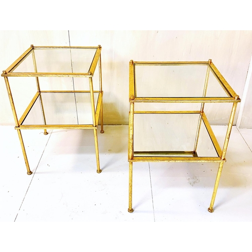 488 - SIDE TABLES, a pair, 1960s French style, gilt metal, glass top with mirrored under tier. (2)