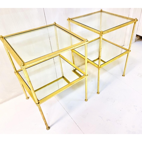 488 - SIDE TABLES, a pair, 1960s French style, gilt metal, glass top with mirrored under tier. (2)