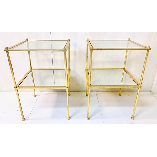 488 - SIDE TABLES, a pair, 1960s French style, gilt metal, glass top with mirrored under tier. (2)