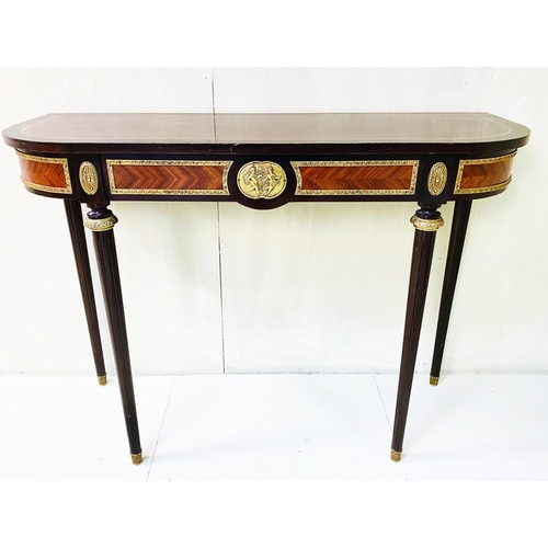 490 - CONSOLE TABLE, Italian style, inlaid with gilt mounts, 65cm x 100cm x 38cm.