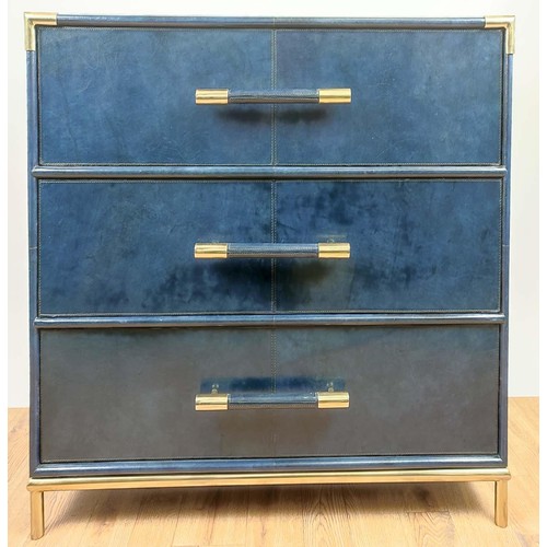 472 - CHEST OF DRAWERS, blue leathered finish, three drawers, 99cm x 46cm x 86.5cm.