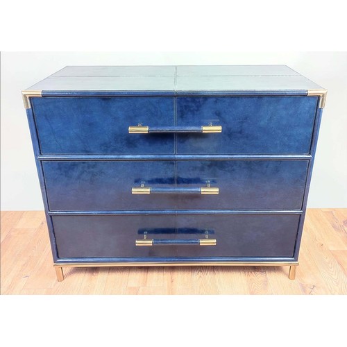 472 - CHEST OF DRAWERS, blue leathered finish, three drawers, 99cm x 46cm x 86.5cm.