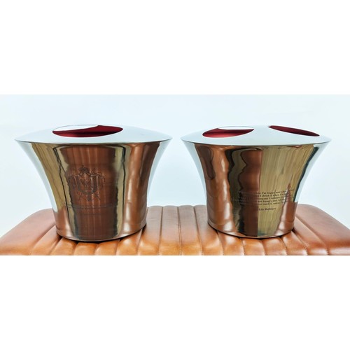 478 - CHAMPAGNE BATHS, a pair, polished metal, three bottle divided top, with quotes from Lily Bollinger a... 