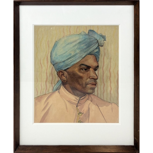 50 - INDIAN SCHOOL c.1920, 'Portrait of a Man in Blue Turban', watercolour, 44cm x 37cm, framed.