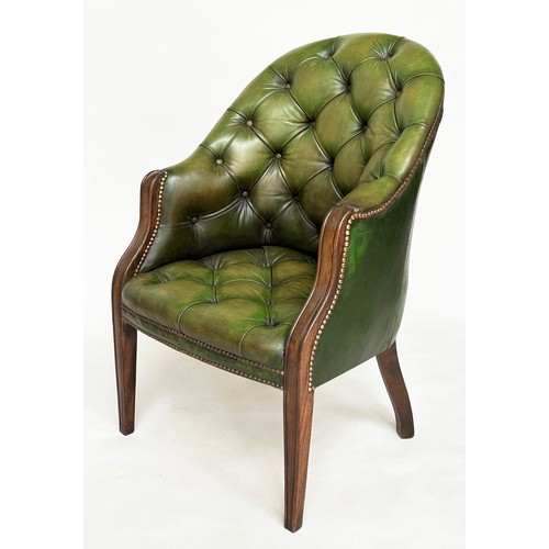 140 - ARMCHAIR, George III design mahogany with deep buttoned and studded green hide leather.