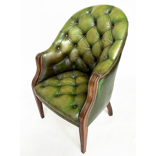 140 - ARMCHAIR, George III design mahogany with deep buttoned and studded green hide leather.